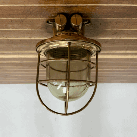 Caged Brass Large Vintage Nautical Ceiling Light - Bent Cage (4) Back Side of Light Showing Conduit Openings