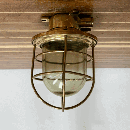 Caged Brass Large Vintage Nautical Ceiling Light - Bent Cage (5) Caged Brass Large Vintage Nautical Ceiling Light – Side Angle Right
