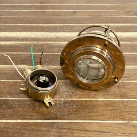 Caged Brass Large Vintage Nautical Ceiling Light - Bent Cage (6) Brass Light Disassembled with Cage and Globe Removed