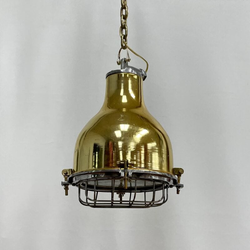 Industrial Caged Brass Plated Pendant Light