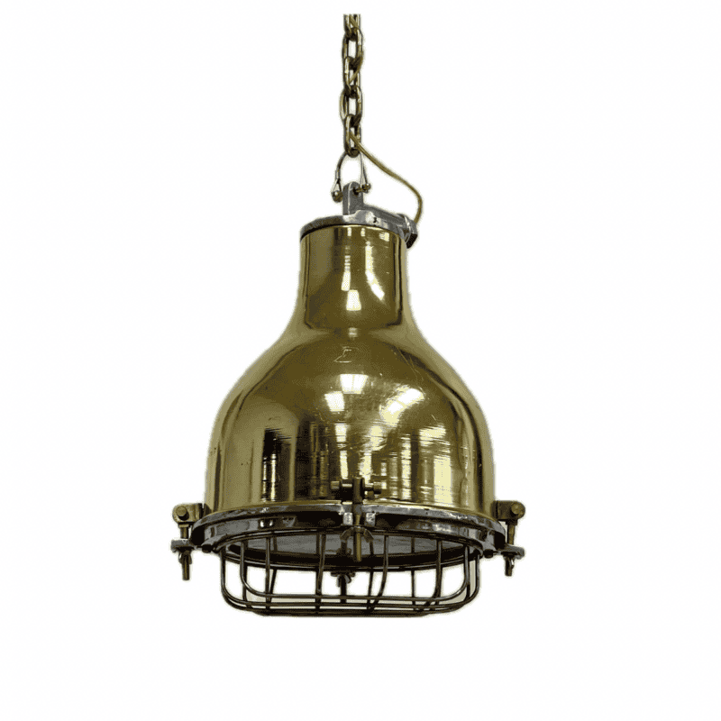 White background: Industrial Caged Brass Plated Pendant Light