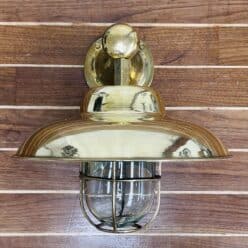 front view: Large Brass Hooded Wall Sconce With long Arm