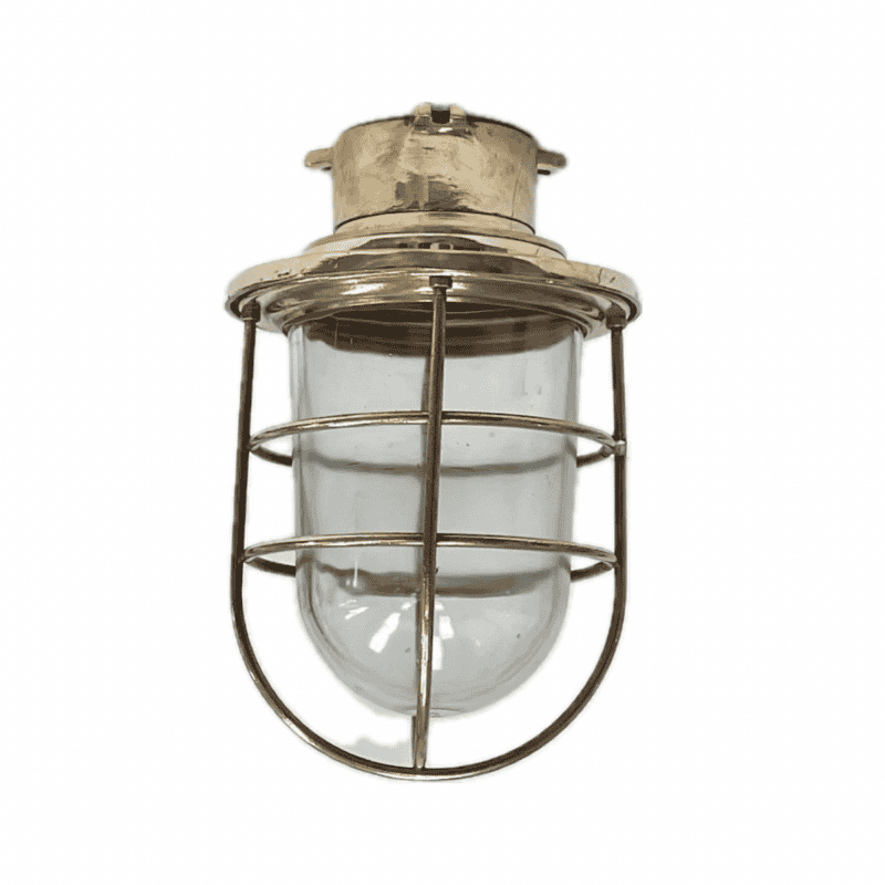 white background Large Vintage Caged Brass Nautical Ceiling Light