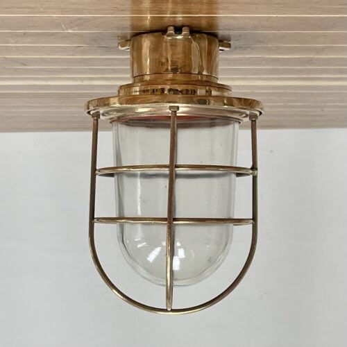 Large Vintage Caged Brass Nautical Ceiling Light