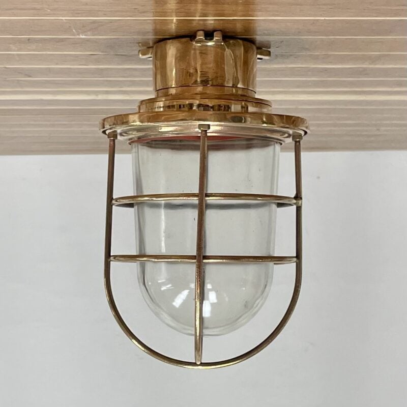 Large Vintage Caged Brass Nautical Ceiling Light