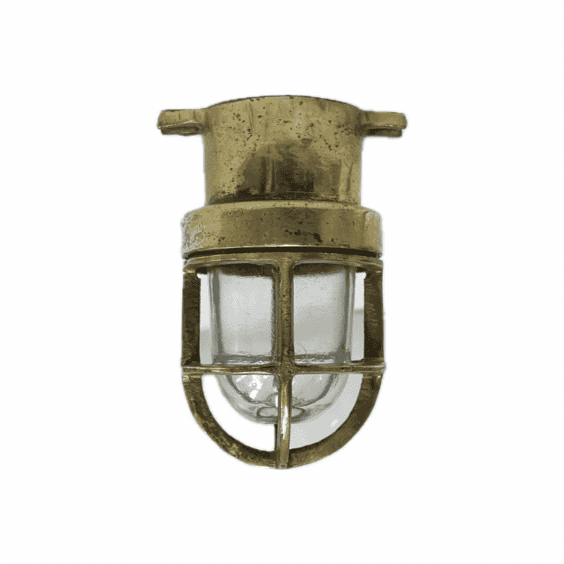 White Background: Miniature Vintage Caged Brass Nautical Ceiling Light - 5 Inch