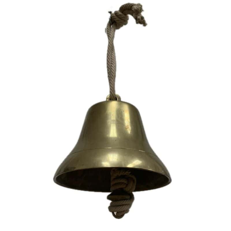 Salvaged Solid Brass Bell With Thick Roping-hanging white background