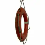 Detailed side view showing condition of orange marine life ring and attached rope