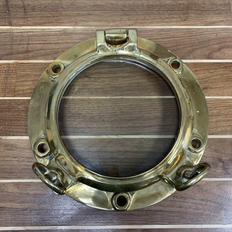 Small Brass Ships Porthole With Two Dogs-full view