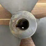 Hub detail showing markings and keyway on vintage brass boat propeller Michigan 17 RH 14