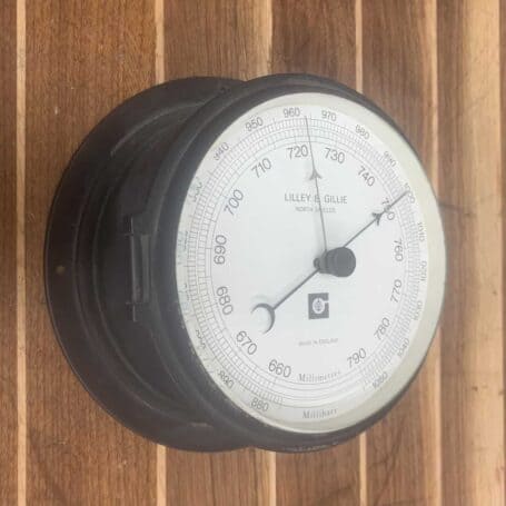 Vintage Lilley & Gillie Black Aneroid Barometer 03 Vintage Lilley & Gillie Black Aneroid Barometer- on wall
