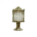 Outdoor Nautical Post Light with brass body and Fresnel lens, isolated on white background