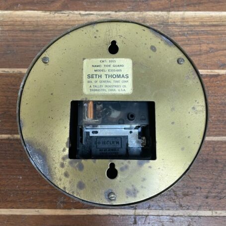 Brass Ship Tide Clock - 3.75 Seth Thomas Nautical Dial 02 brass ship tide clock back view showing battery compartment and mounting