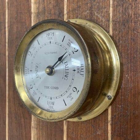 Brass Ship Tide Clock - 3.75 Seth Thomas Nautical Dial 04 brass ship tide clock side profile showing depth and patina