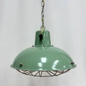 Industrial Seafoam Enamel Caged Pendant Light with white interior and protective white base cage, shown from the front.