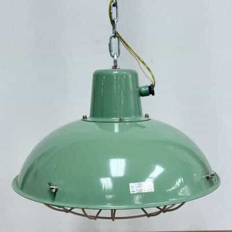 Industrial Seafoam Enamel Caged Pendant Light A (5) Side view of the Industrial Seafoam Enamel Caged Pendant Light highlighting the seafoam enamel finish.