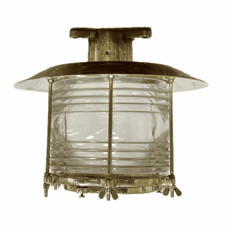 White background: Nautical Brass Ceiling Light, Fresnel Lens, Rain Cap