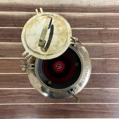 Salvaged Red Lens Brass Forcato-Verona Electric Ship Lamp socket view