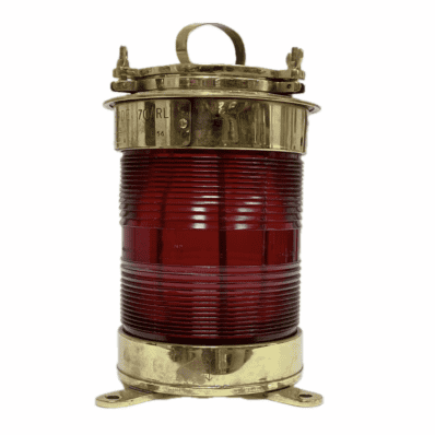 White Background: Salvaged Red Lens Brass Forcato-Verona Electric Ship Lamp