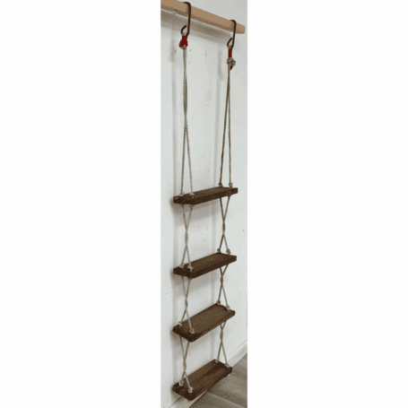 Vintage 4-Step Rope Ladder with White Braided Rope and Hooks (2) Side view showing the opposite angle of the ladder with white rope and wood steps