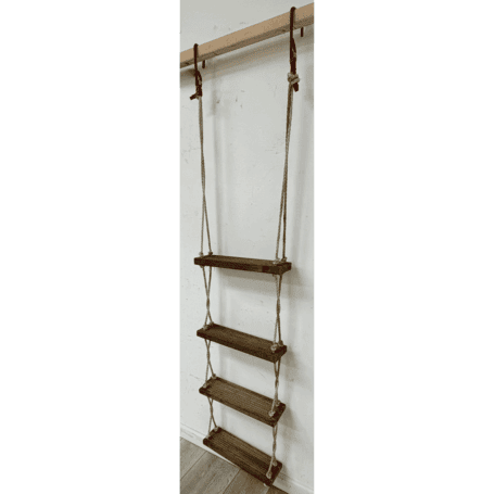 Vintage 4-Step Rope Ladder with White Braided Rope and Hooks (4) Side angle view of the 4-step rope ladder with white braided rope and hooks