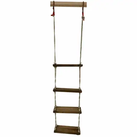 Main image of a 4-step rope ladder with white braided rope and hooks against a neutral background