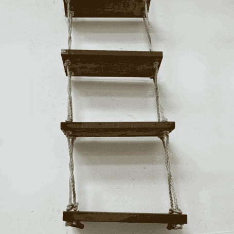 Vintage 4-Step Rope Ladder with White Braided Rope and Hooks (5) Bottom-up view showing the underside of the lowest step and a few steps above