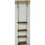 Back side of the 4-step rope ladder with white braided rope and hooks showing wooden steps and metal hooks