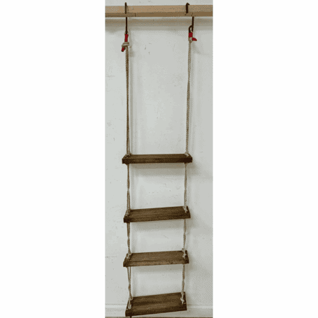 Vintage 4-Step Rope Ladder with White Braided Rope and Hooks (6) Back side of the 4-step rope ladder with white braided rope and hooks showing wooden steps and metal hooks