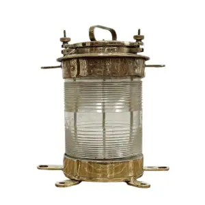 Main view of Salvaged Brass Forcato-Verona Electric Ship lamp with clear Fresnel lens