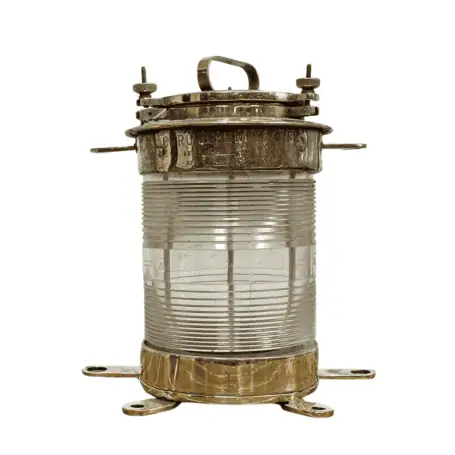 Main view of Salvaged Brass Forcato-Verona Electric Ship lamp with clear Fresnel lens