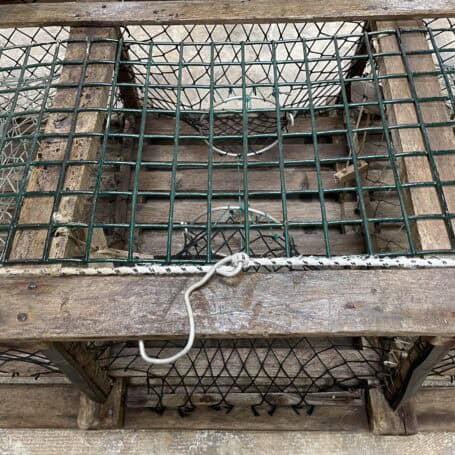 Vintage Lobster Trap Wood Cage 05 looking at the hook that keeps the lobster cage closed