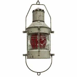 White Background: Vintage NMV Galvanized Steel Oil Lantern - Removable Red Insert