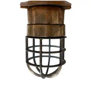 Weathered Vintage German Brass Ceiling Light full front view with protective cage and no glass globe