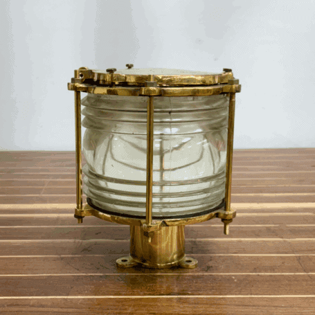 Authentic Nautical Brass Ceiling Light With Fresnel Lens (11) Post Mounted View of Polished Brass Ceiling Light