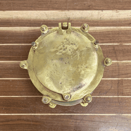 Authentic Nautical Brass Ceiling Light With Fresnel Lens (13) Top View Showing Bolt Closure on Brass Fixture