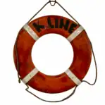 Full view of orange cloth-covered life ring with rope and reflectors