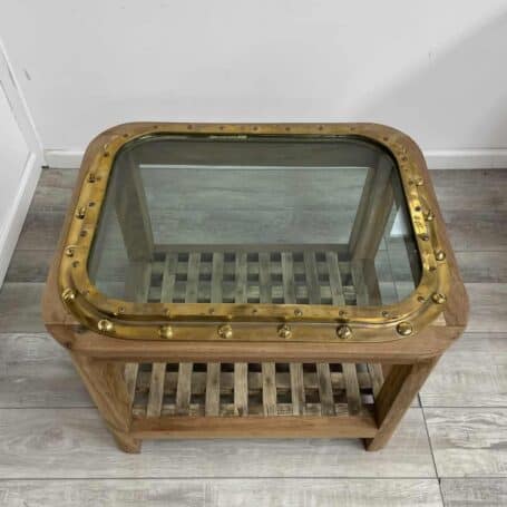 Unfinished Teak Wood Brass Porthole Table 01 looking through