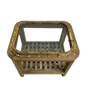 Unfinished Teak Wood Brass Porthole Table