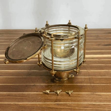 Vintage Brass Nautical Ceiling Light With Fresnel Lens (8) Open Hinged Top with Exposed Socket