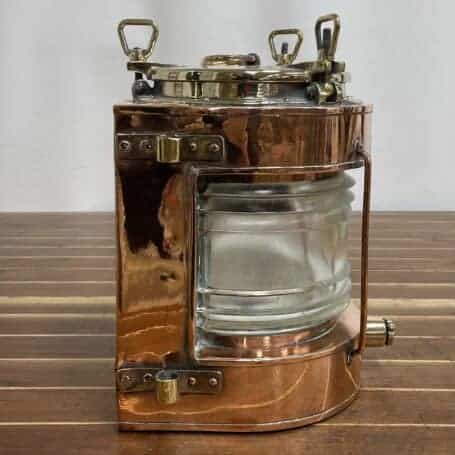 Copper and Brass Running Light -1974 Salvaged Marine Lantern with Clear Fresnel Lens 02 Copper and brass running light side profile with clear Fresnel lens