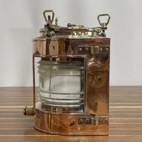 Copper and Brass Running Light -1974 Salvaged Marine Lantern with Clear Fresnel Lens 04 Copper and brass running light angled side view with mounting hardware