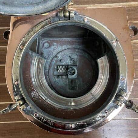 Copper and Brass Running Light -1974 Salvaged Marine Lantern with Clear Fresnel Lens 06 Copper and brass running light interior view showing lens and housing