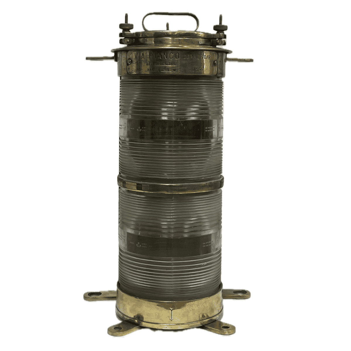 Front view of vintage marine navigation light with double-stacked Fresnel lens in brass by Forcato-Verona on white background