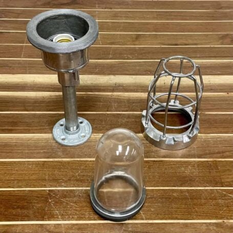 Polished Aluminum Caged Ceiling Light - Clear Globe disassembled