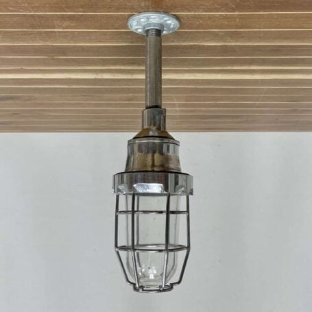 Polished Aluminum Caged Ceiling Light - Clear Globe (6) Short Aluminum Pendant Light with Clear Globe