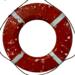 Salvaged Weathered Life Ring from a working vessel with chipped paint and original rope