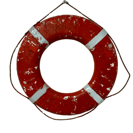 Salvaged Weathered Life Ring A (2) Front view of Salvaged Weathered Life Ring showing worn reflector strips and aged paint