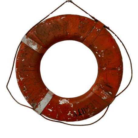 Salvaged Weathered Life Ring A (3) Side angle of a weathered life ring showing original rope and reflector strips