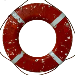 Salvaged Weathered Life Ring from a working vessel with chipped paint and original rope